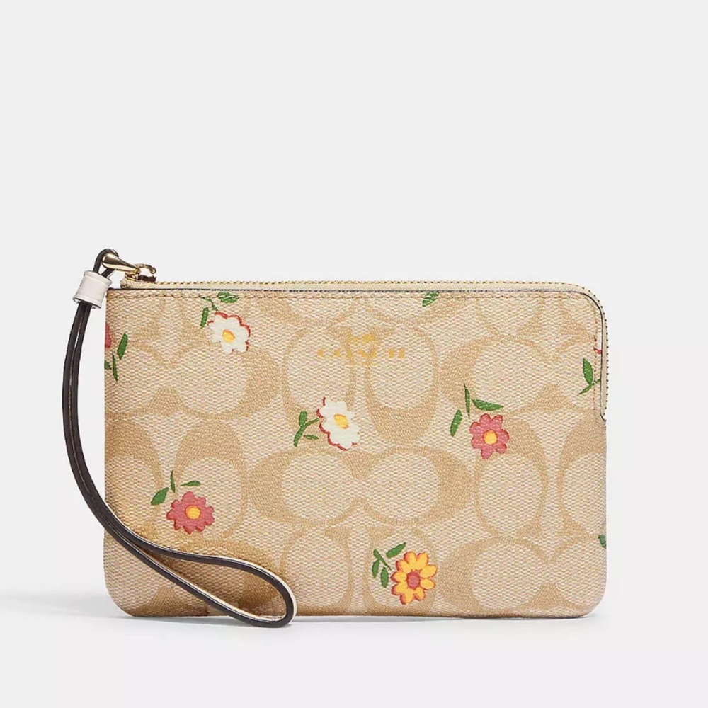 New Coach Corner Zip Wristlet In Signature Canvas With Nostalgic Ditsy P…